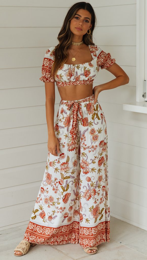 Printed Top Square Neck Tie Short Sleeve Ruffle Sleeve Pants Two-piece Set NSJKW119789