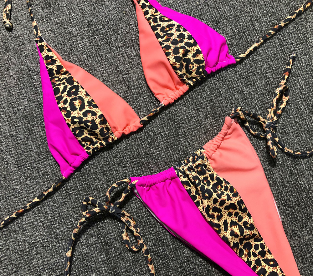 Split Simple Leopard Pattern Stitching Sexy Swimsuit NSDA21242