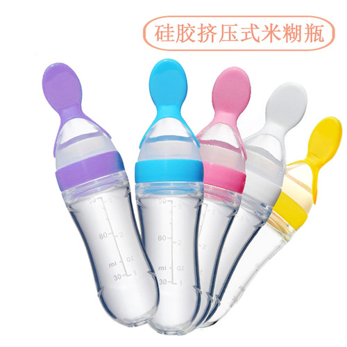 Baby rice cereal spoon bottle, silicone squeeze rice cereal feeding bottle, baby food supplement training rice cereal bottle wholesale