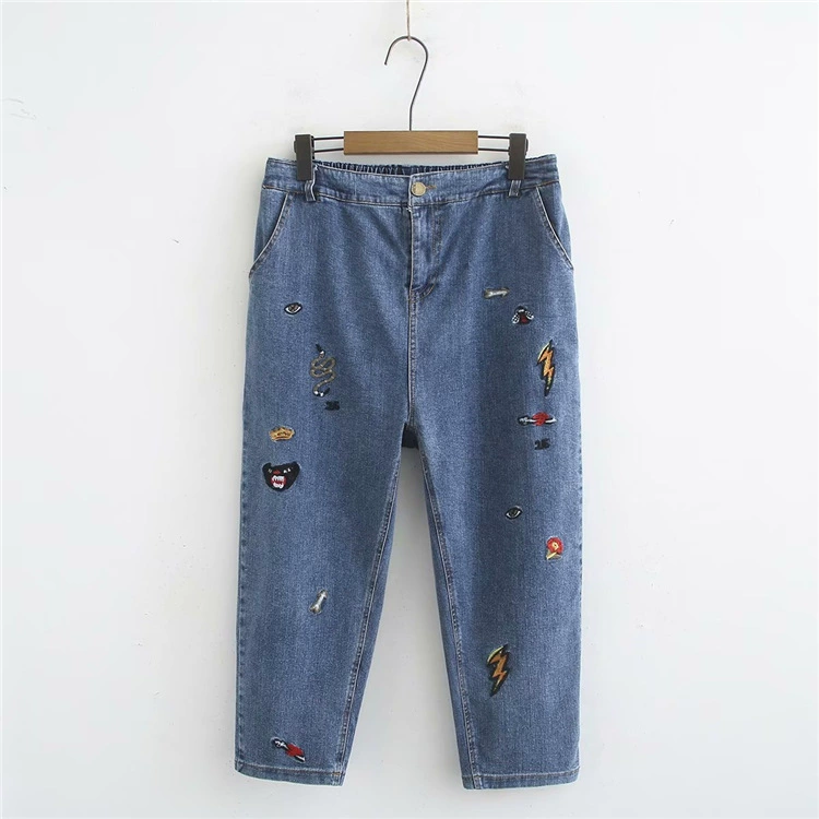 Эластичные джинсы с вышивкой больших размеров Han Fan 200 Jin пухлые осеннее платье для девочек узкие штаны в западном стиле из Харлана 2377
