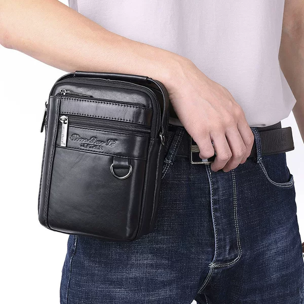 Men's waist bag multi-functional mini crossbody shoulder bag cow leather 7-inch mobile phone waist bag Korean fashion Men's shoulder bag