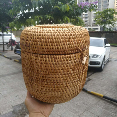新款手编织七子饼包装桶个性家用普洱茶一提收纳罐茶道配件收纳桶