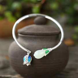 厂家直供天然和田玉 玉兰花手镯925纯银 烧蓝色