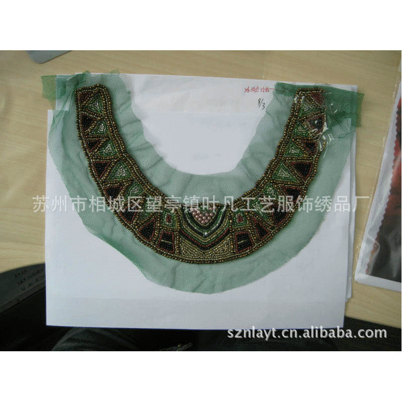 推荐FFF 绿色女装精美领口花边 手工订珠衣领 网布订珠