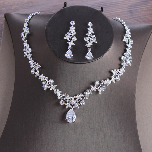 Exquisite zircon necklace and earrings set, forest girl necklace, bridal wedding jewelry, wedding evening dress accessories