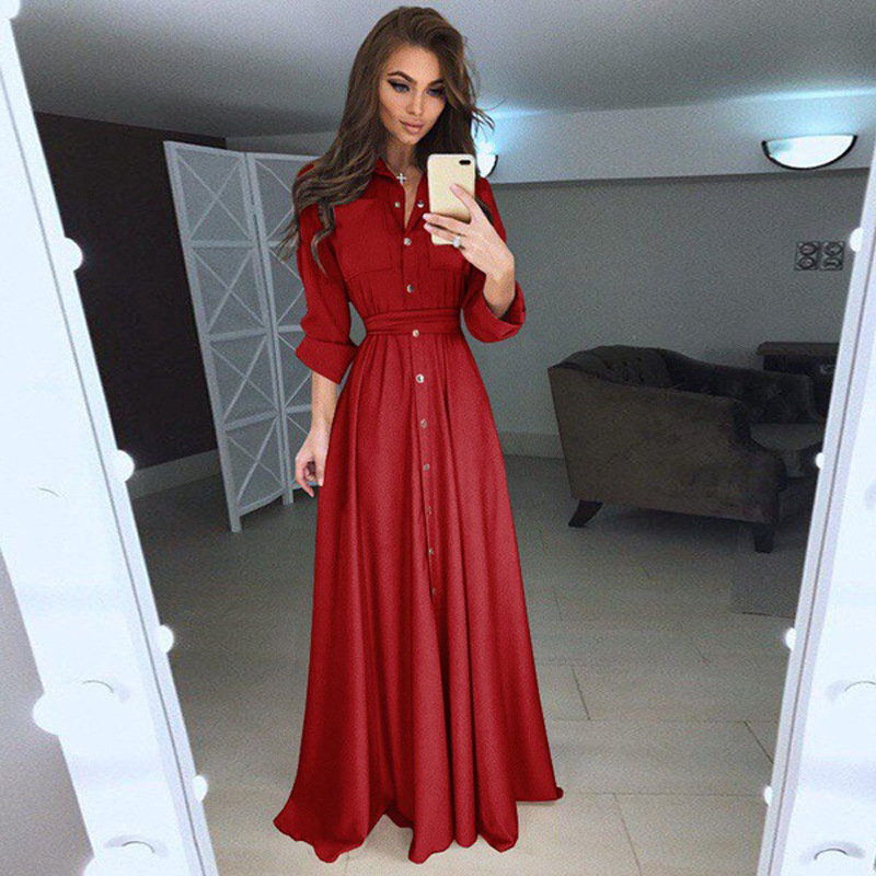 Slim Fit Long Sleeve Button Lace Up Dress 5 Color 8 Size Dress Lady Dress