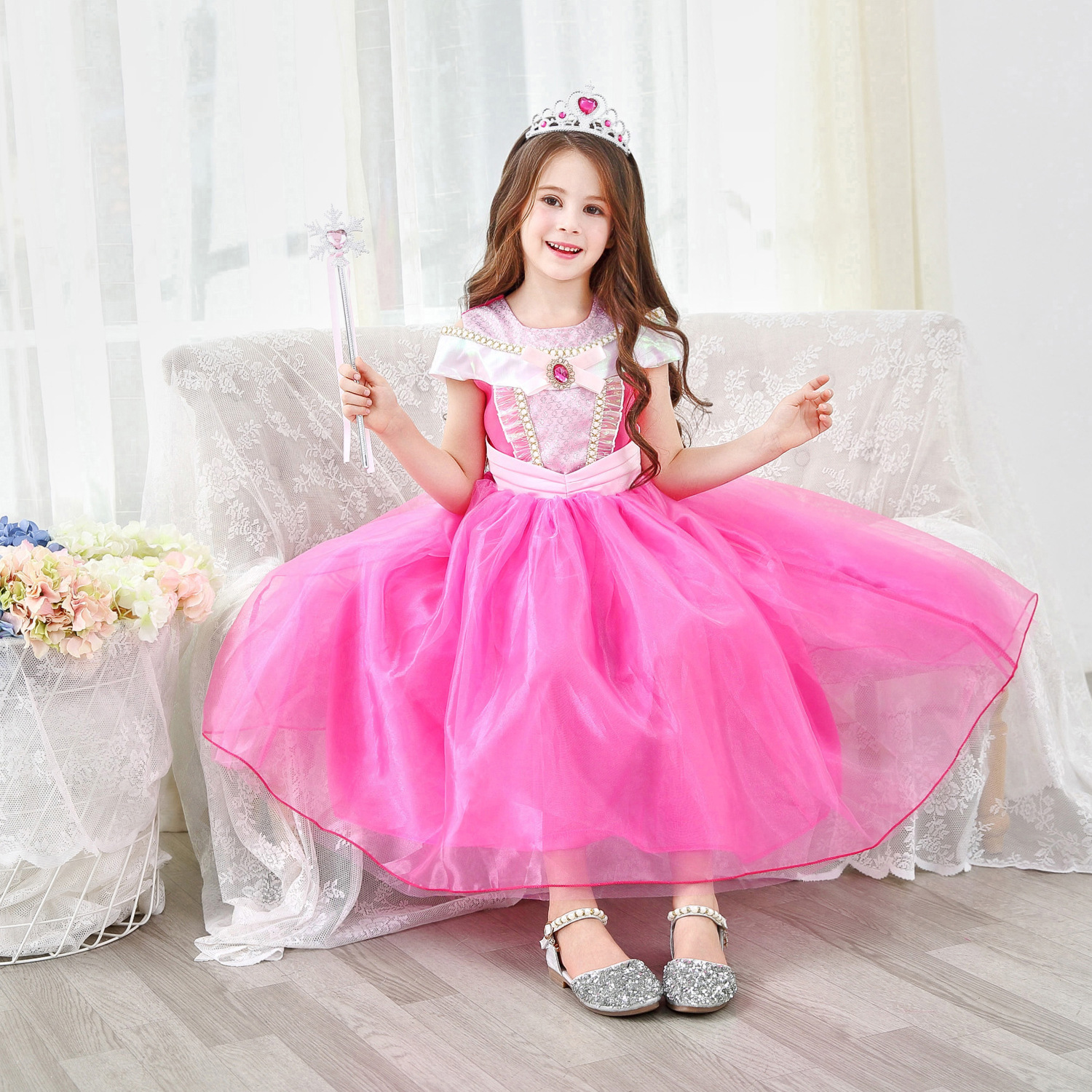 2023外贸新款女童礼服粉色印花儿童婚纱礼服裙公主花朵蓬蓬裙棉里-阿里巴巴