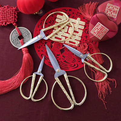 Stainless steel Dragon Phoenix scissors Opening ceremony scissors Woman wedding Dowry gold scissors Tailor's Gilded scissors