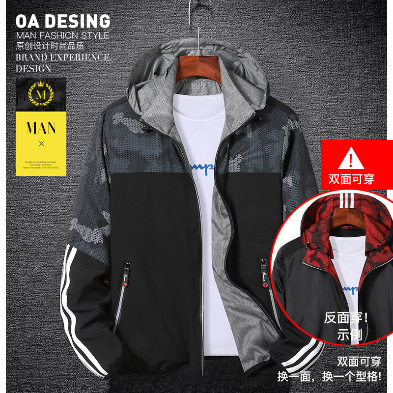 新款連帽防風衣休閑潮流上衣夾克男雙面穿運動風衣外套 克印LOGO