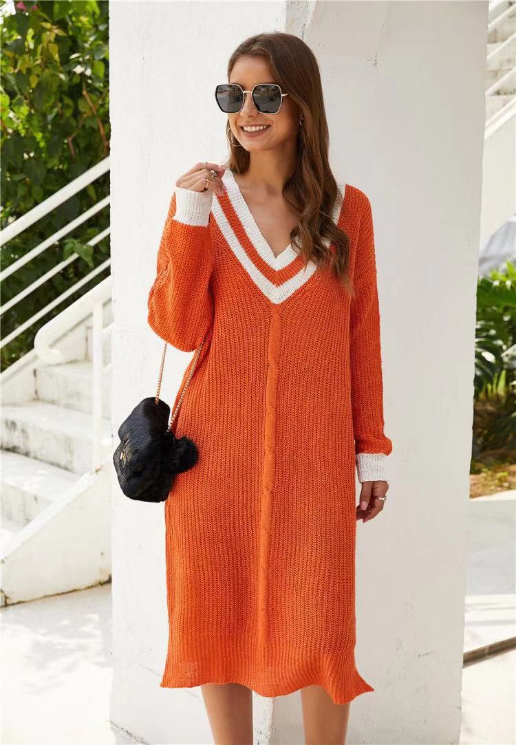 V-neck contrast color mid-length dress sweater NSYD35373