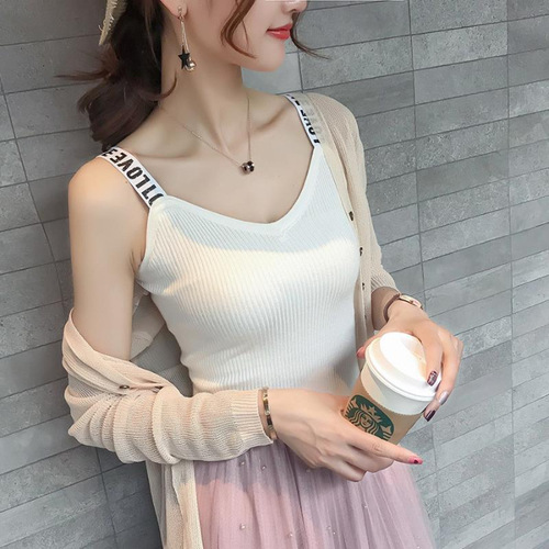 Women's 2025 Chic Knit Small Straps Summer Base Layer Ice Silk Letter Shoulder Straps V-Neck Outerwear Top