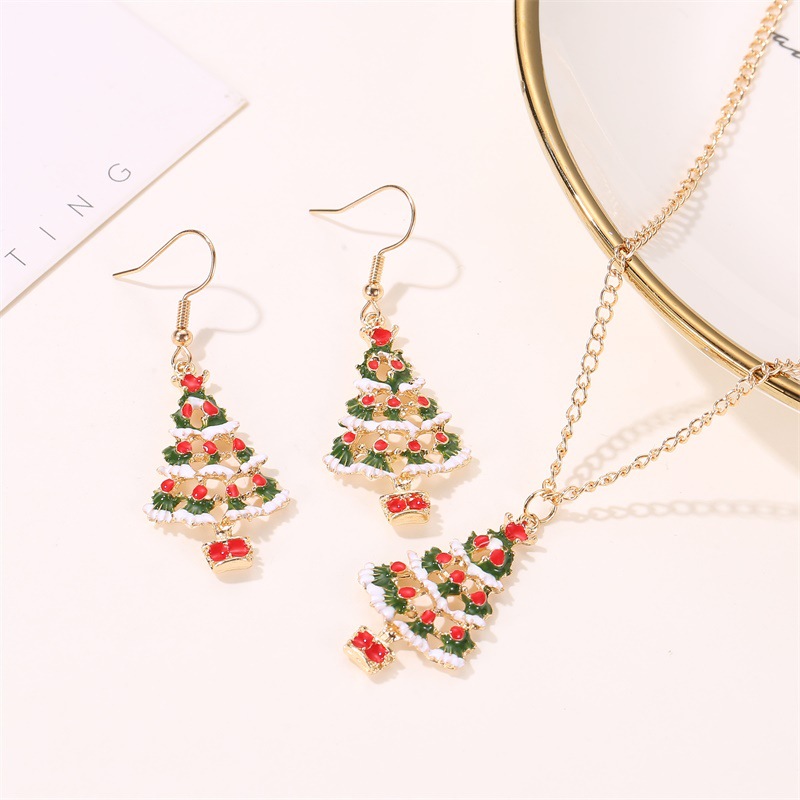 New Fashion Christmas Color Cute Dripping Oil Christmas Tree Earring Necklace Set Wholesale display picture 3