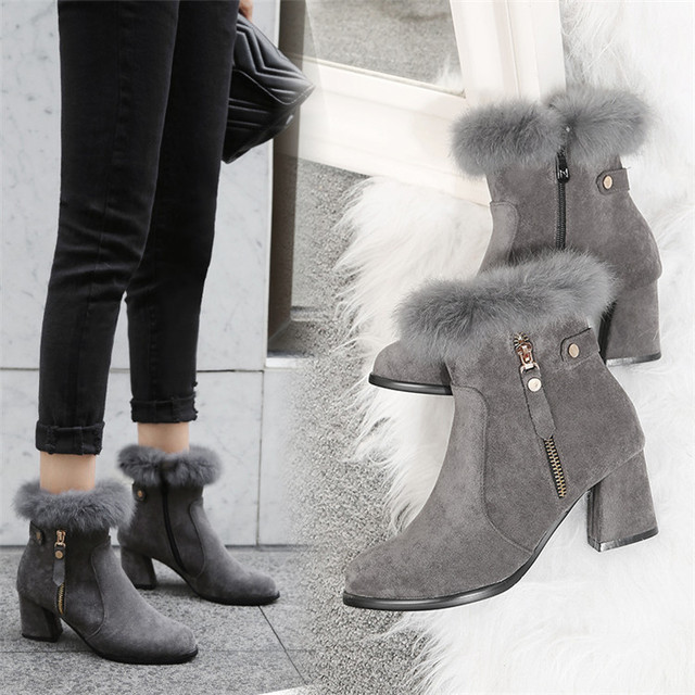 New black boots in autumn and winter elegant fashion zipper and fluffy snow boots