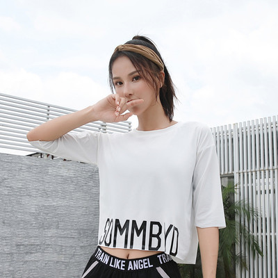 2018夏秋運動T恤寬松寬松大碼瑜伽衣跑步速幹透氣健身衣顯瘦7分袖