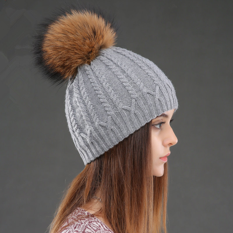 Vinterstickad varm ull för kvinnor mårdhundboll Öronskydd Enfärgad mångsidig dubbellagers tröjahatt_voghion.com