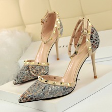 3262-2 European and American Sexy High-heeled Shoes Women's Fine-heeled High-heeled Shoe with Shallow Point Hollow Metal Rivets