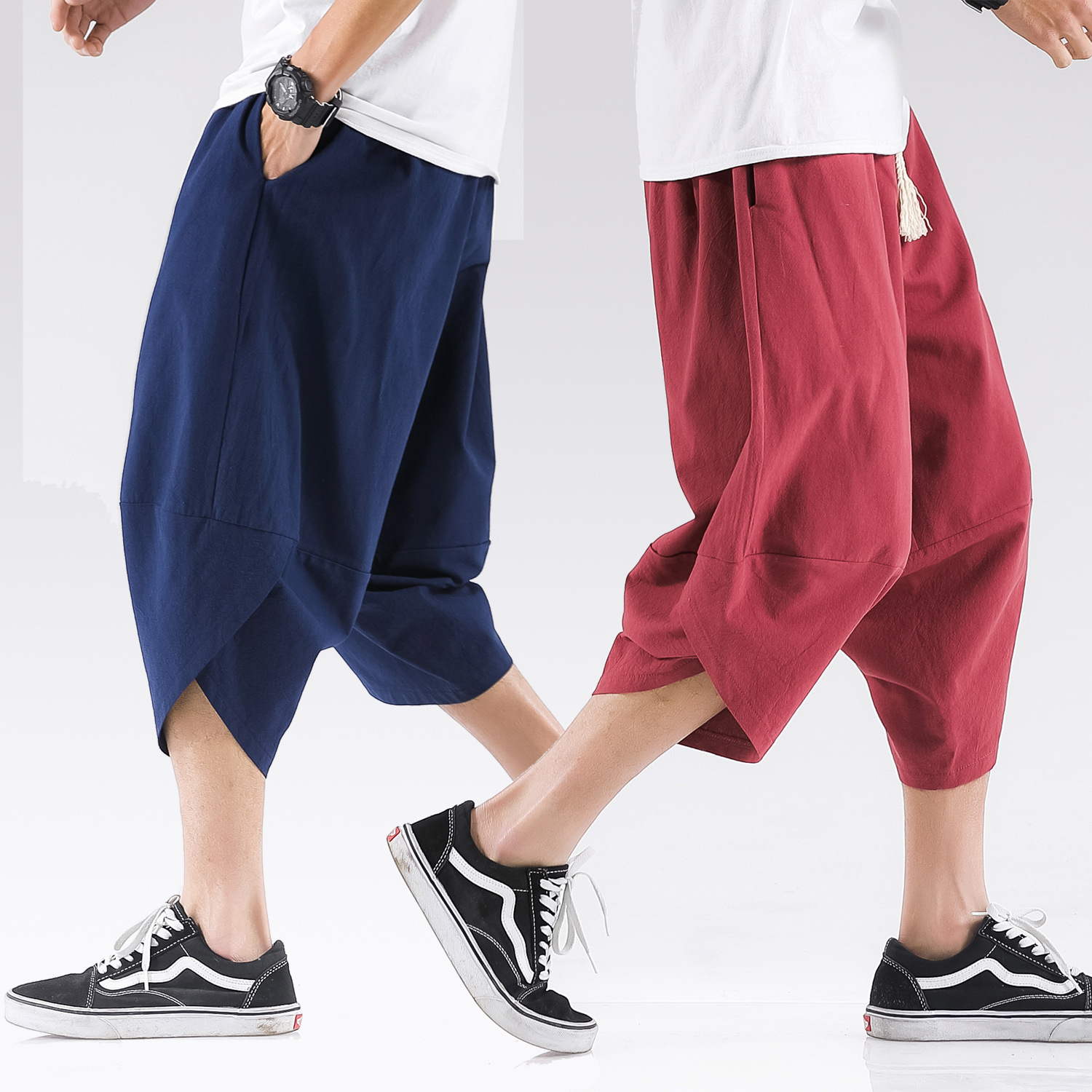 Summer new national style men's solid color small foot Capris men's loose large thin retro radish pants