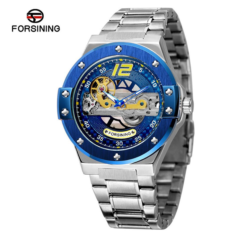 Forsining Fusini correa de acero de los hombres casual reloj mecánico automático transparente inferior hueco motocicleta reloj 897