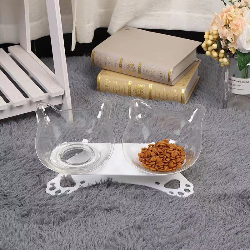 廠家供應貓碗狗碗透明雙碗食盆貓碗架狗碗狗糧15度盆斜口護脊椎