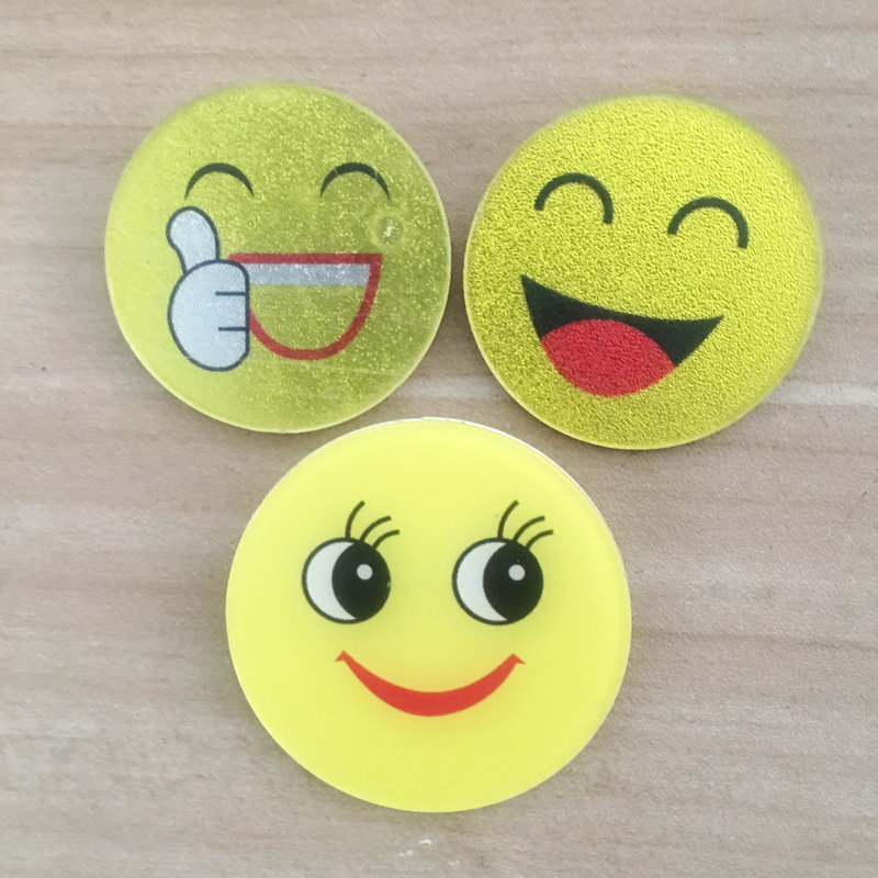 Acrylic smiling face chest brooch formula for a shopping guide's…