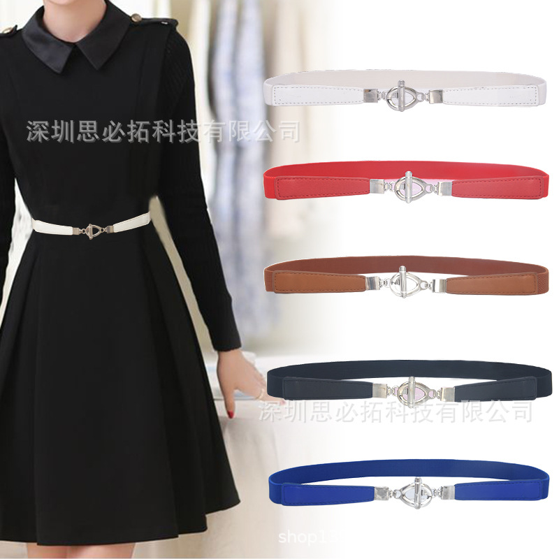 2cm nuevo versátil pequeño sello de cintura imitación cuero vintage colgante hebilla elástico cinturón fino vestido cinturón decorativo