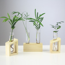 简约北欧试管玻璃花瓶摆件 创意木架水培植物容器家居桌面装饰品