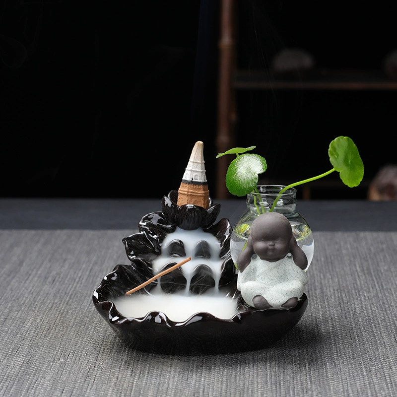  ceramic backflow incense burner (zisha) with xiao monk, flowing water design, home & office