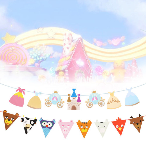 2024 New Animal Birthday Flag Party Decoration School Kindergarten Children's Day Cartoon Flower Hanging Flag