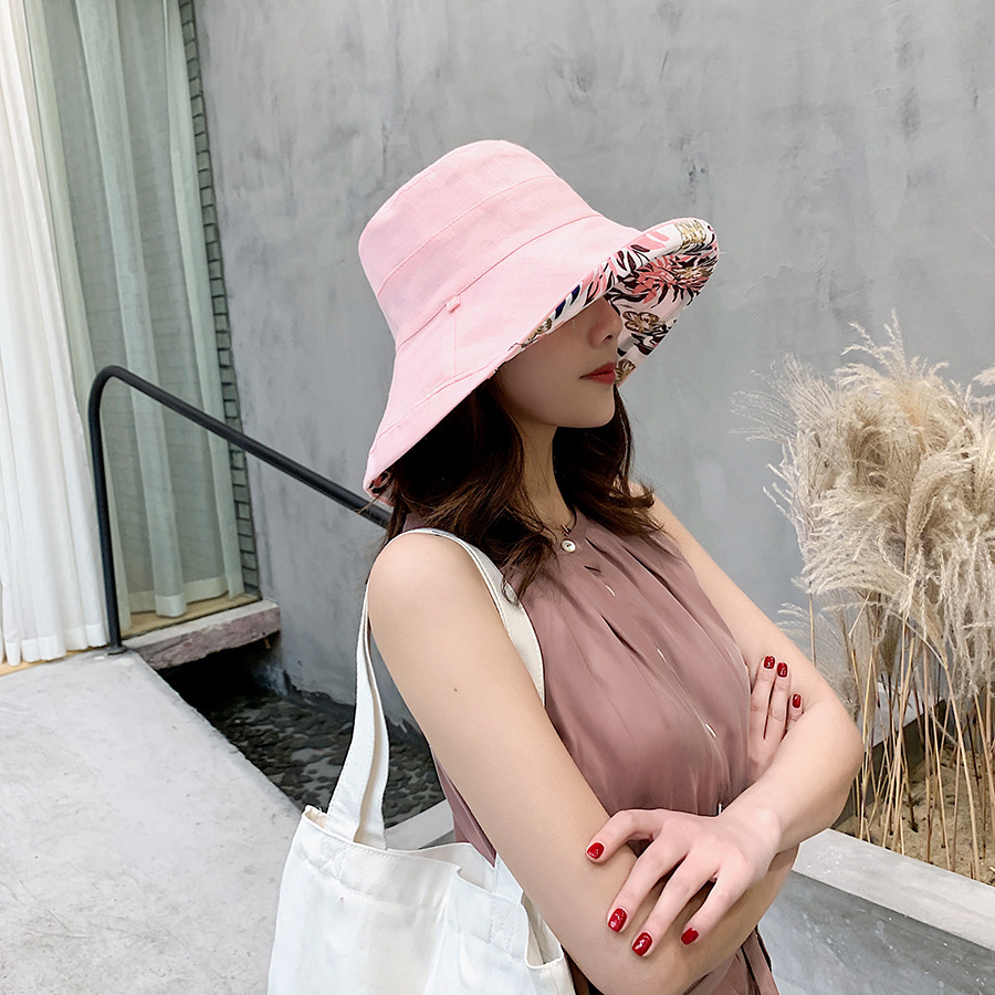 Cotton Material Women's Basic Solid Color Printing Big Eaves Bucket Hat