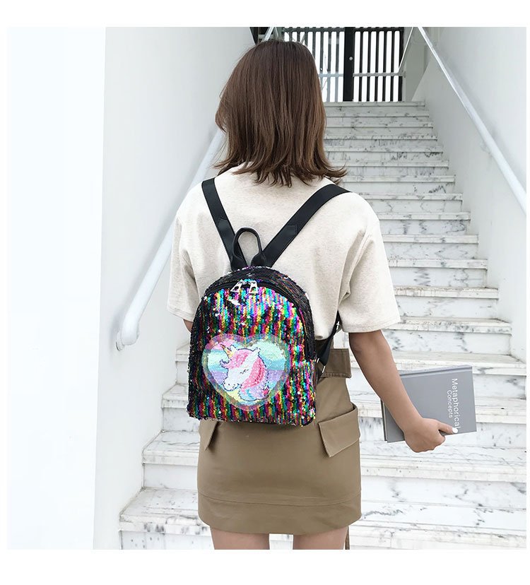 2019夏季新款女士亮片炫彩独角兽双肩包可变色翻面外贸背包学生包 pic 18