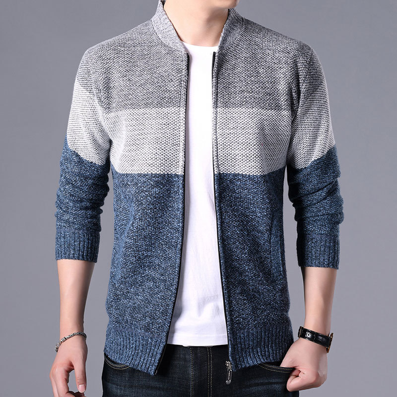 Autumn and winter new men's Plush stand collar color matching cardigan sweater large casual sweater men's warm coat