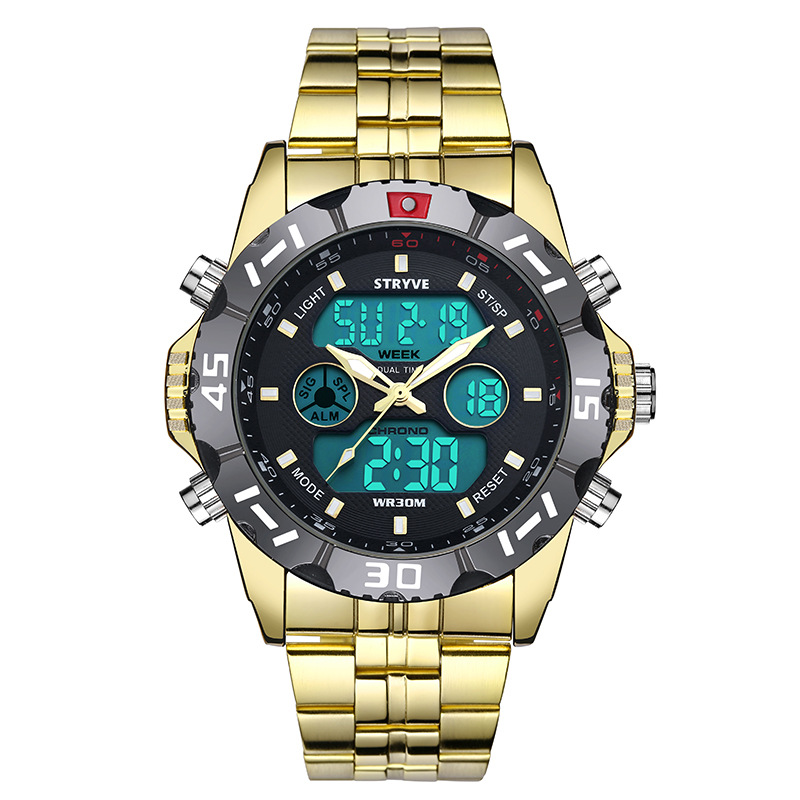 Stryve moda hombres de doble movimiento impermeable reloj de cuarzo electrónico estudiante sincronización alarma reloj de pulsera de acero inoxidable