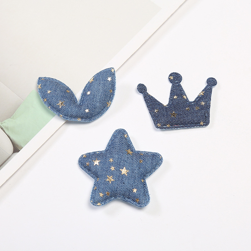 牛仔蓝色星空五角星皇冠鱼尾高周波压花儿童发饰辅料布贴饰品配件