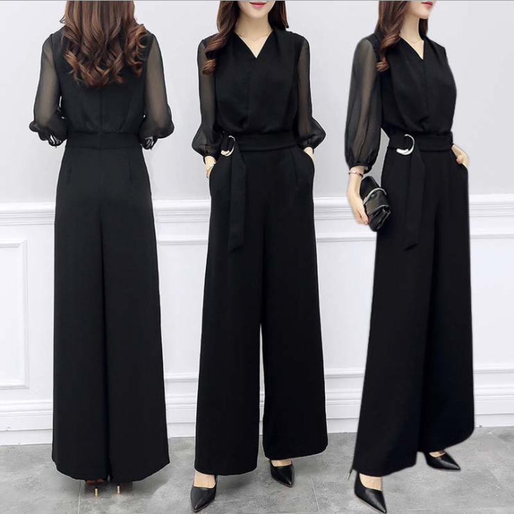 Spring and Summer New High Waist Chiffon Jumpsuit Black Cropped Sleeve Slim-fit Slimming Elegant Wide Leg Jumpsuit for Women