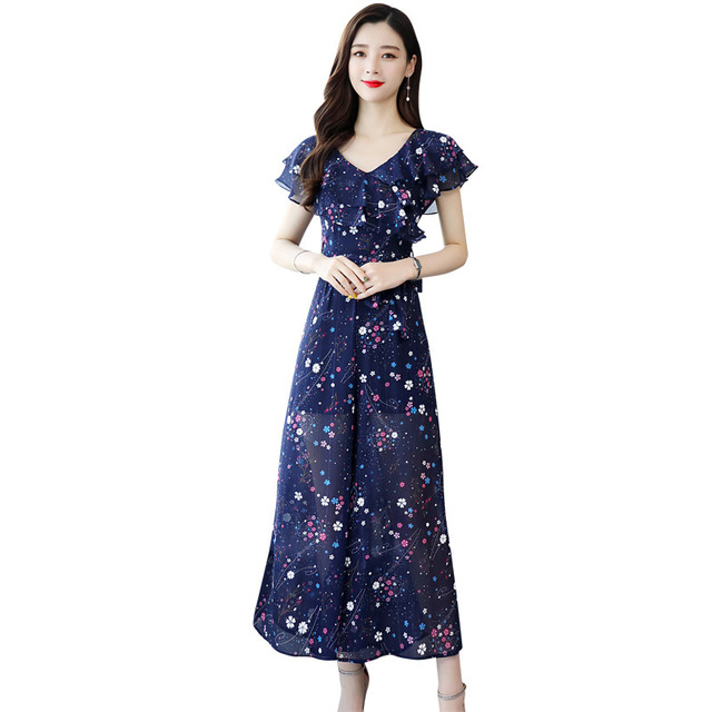 Fashion  Broad-legged Pants Suit Printed High-waist Chiffon Dresses  