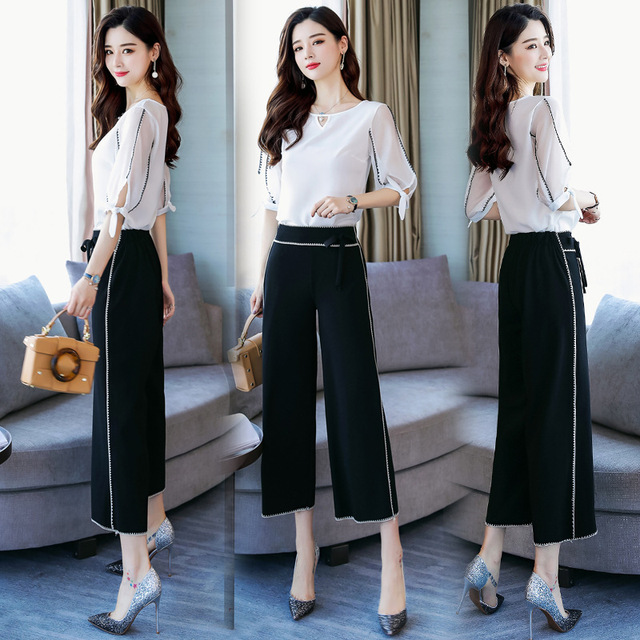 Summer Broad-legged Pants Suit New Fashionable Chiffon Two-piece 