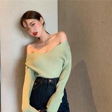 实拍2019女装秋冬季气质V领交叉长袖毛衣百搭显瘦纯色打底针织衫