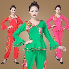 New style trumpet sleeve set for middle-aged and elderly square dance, women's slimming tummy covering ethnic dance costume yangge dress