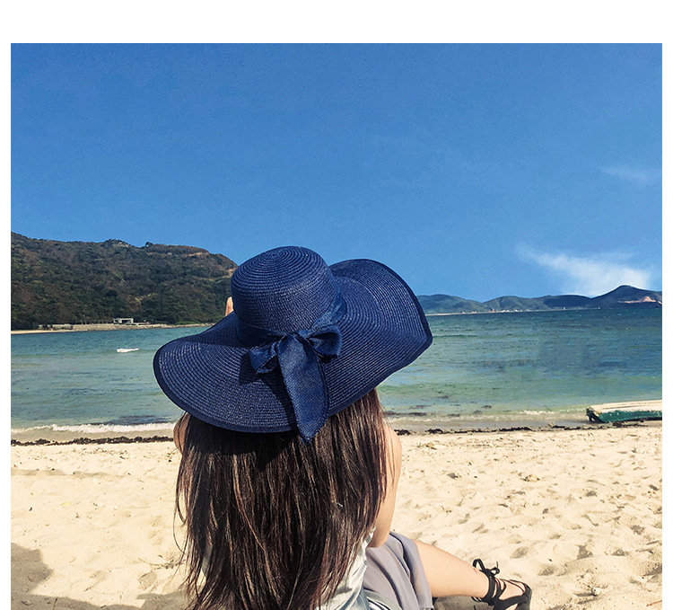 Femmes Vacances Couleur Unie Noeud Papillon Grand Avant-toit Chapeau De Paille display picture 2