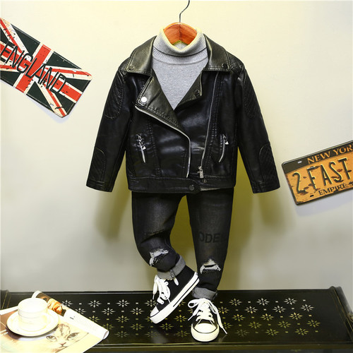 2024 Spring and Autumn New Children's Clothing Boys' Leather Clothes Handsome Children's Jacket Lapel Trendy Motorcycle Tops for Small and Medium-sized Children