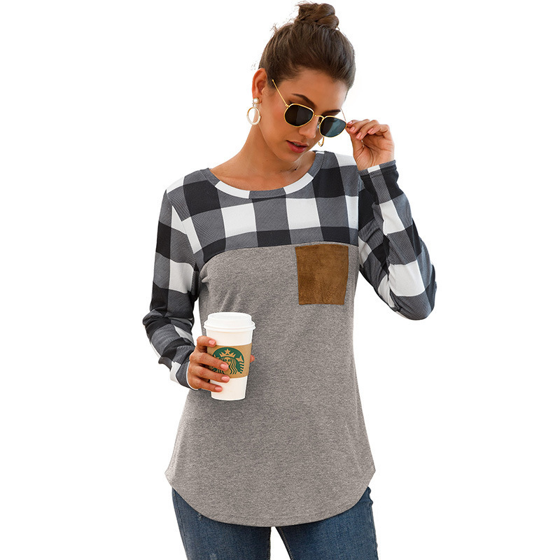 2021 European and American Cross-Border Women's Spring and Summer Tops Amazon Wish Round Neck Plaid Splicing Long-Sleeved Flap Pocket Pants T-Shirt 2021 European and American Cross-Border Women's Spring and Summer Tops Amazon Wish Round Neck Plaid Splicing Long-Sleeved Flap Pocket Pants T-Shirt