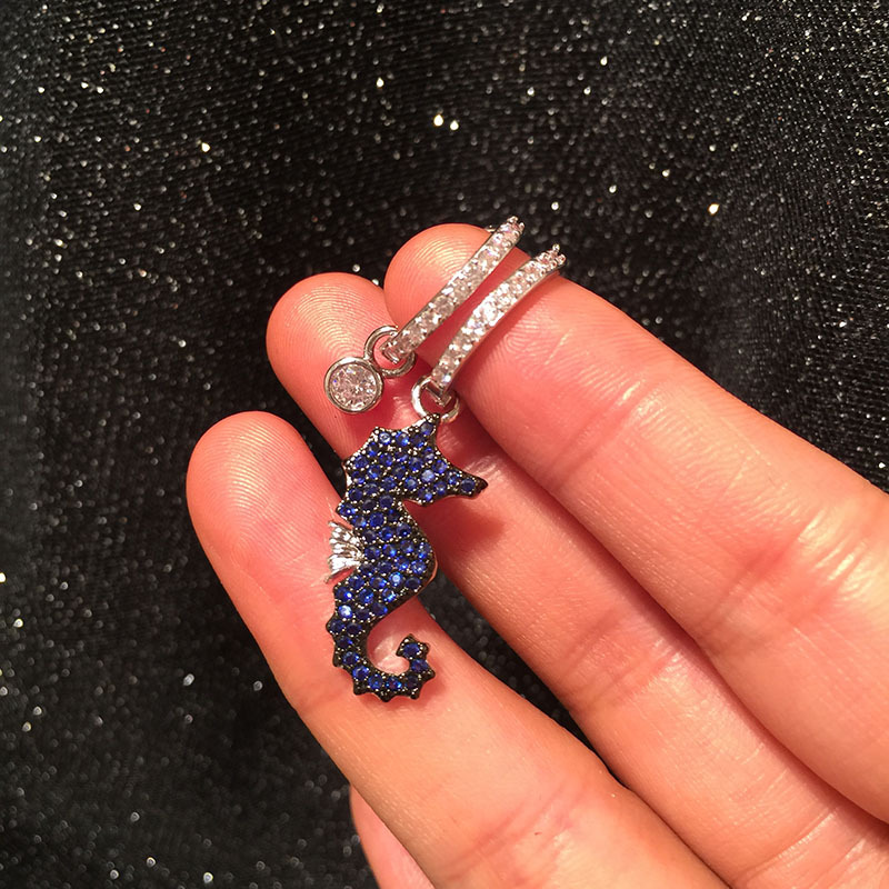 Fashion Asymmetric Blue Seahorse Earrings Micro-set Zircon Cute Beach Earrings display picture 5