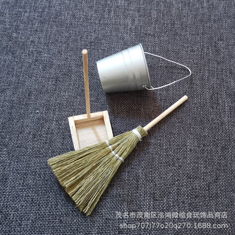 Casa de muñecas accesorios DIY escena modelo miniatura juguete pequeños adornos mini tejida a mano escoba cubo de basura pala