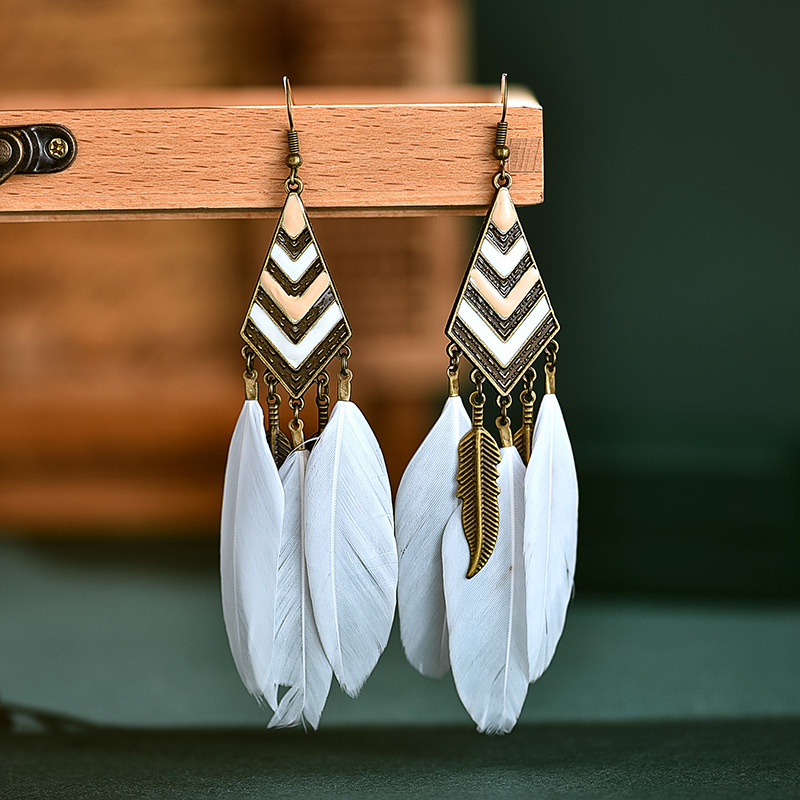 Fashion Leaves Diamond Long Tassel Feather Earrings Female Bohemian Jewelry display picture 2