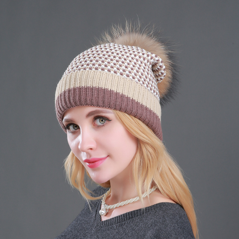 Knitted Versatile Winter Warm Plush Women's Woolen Real Raccoon Fur Ball Hat_voghion.com