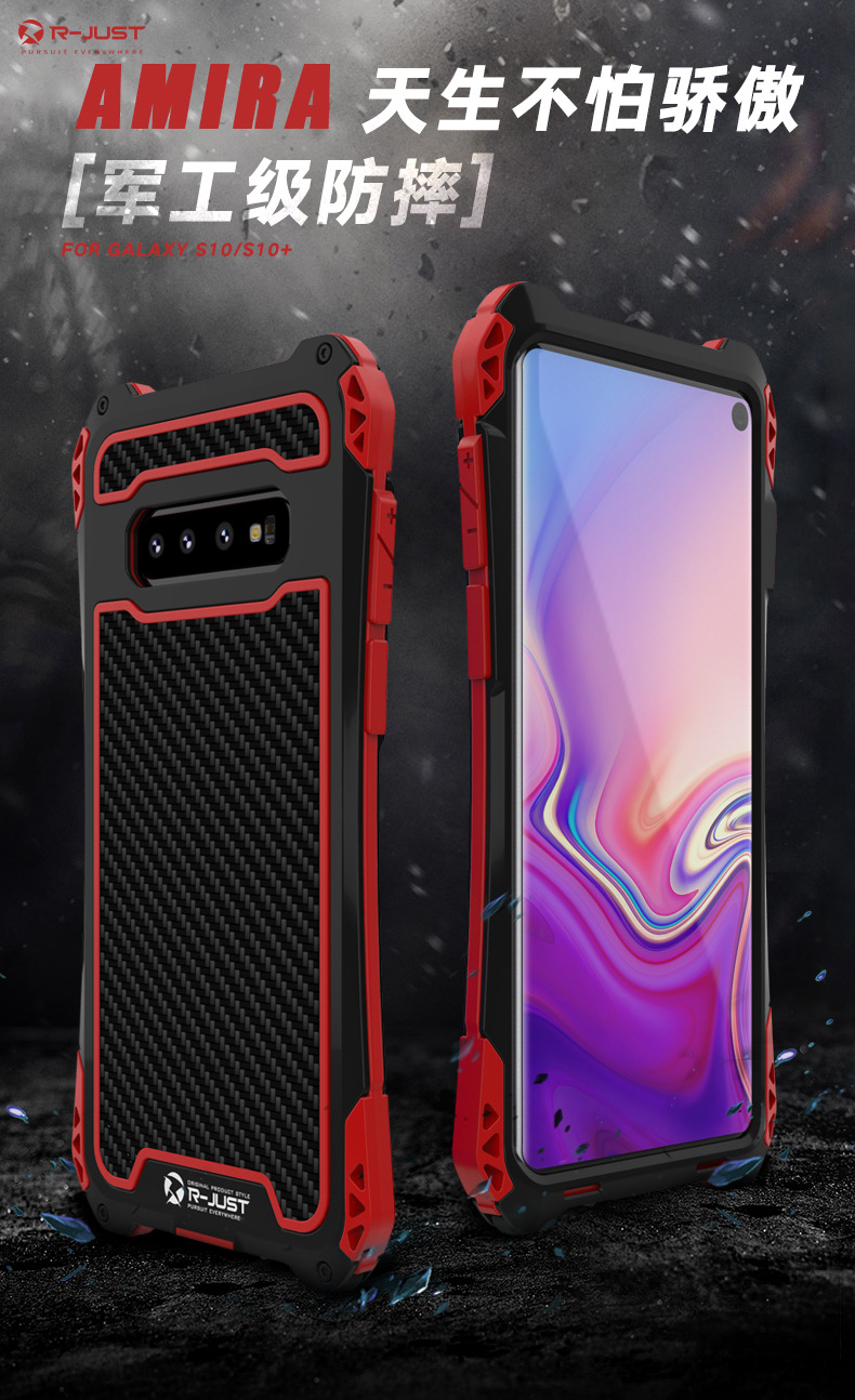 R-Just Amira Heavy Duty Dirtproof Shockproof Rainproof Aluminum Metal Bumper Carbon Fiber Back Cover Case for Samsung Galaxy S10 Plus & S10