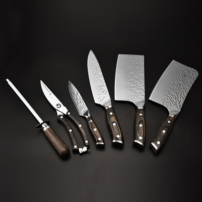 厨房礼品套刀 铸钢头黑白彩木柄锤纹菜刀 砍骨切肉厨师万用刀现货|ms