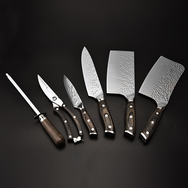 厨房礼品套刀 铸钢头黑白彩木柄锤纹菜刀 砍骨切肉厨师万用刀现货|ms