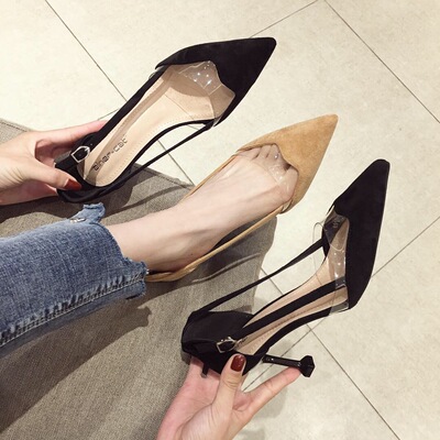 6916韩版2019春夏高跟鞋绒面百搭侧搭扣细跟性感尖头单鞋浅口女鞋|ms