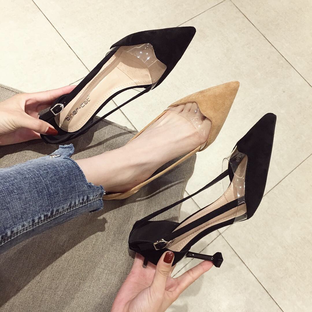 6916韩版2019春夏高跟鞋绒面百搭侧搭扣细跟性感尖头单鞋浅口女鞋|ms